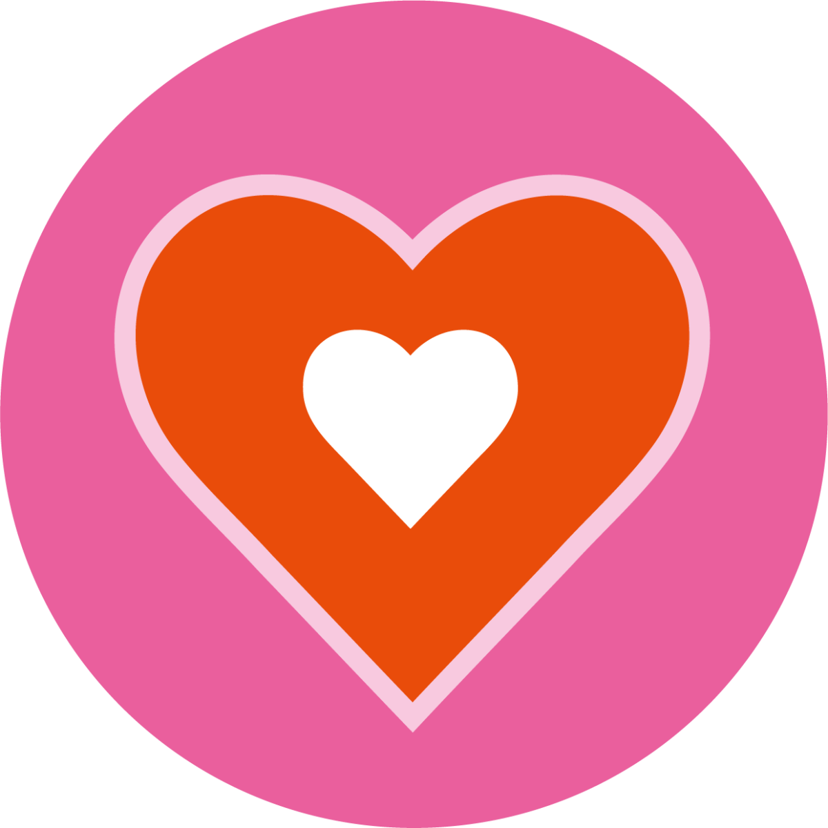 Orangenes Herz mit pinkfarbenem Rand, in dessen Mitte sich ein kleineres, weißes Herz befindet, in einem pinken Kreis.