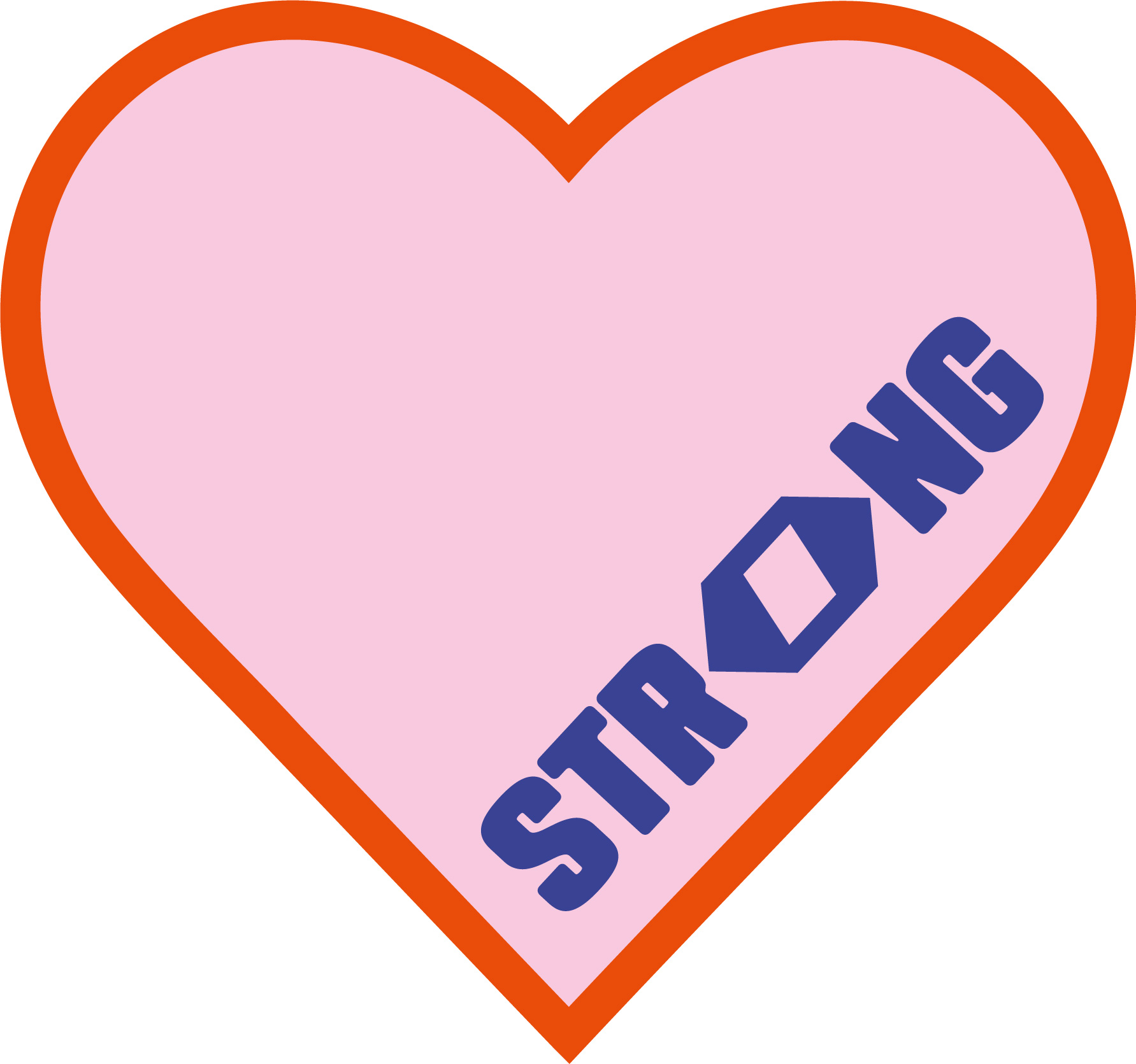 Pinkes Herz mit orangenem Rand und der blauen Aufschrift 'STRONG' in der unteren rechten Ecke auf weißem Hintergrund.