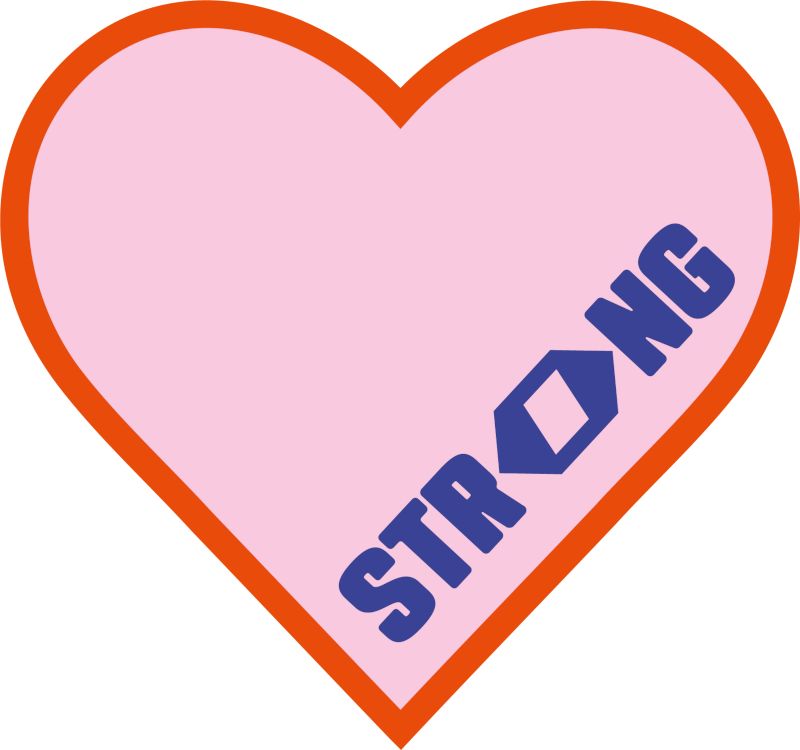 Pinkes Herz mit orangenem Rand und der blauen Aufschrift 'STRONG' in der unteren rechten Ecke.