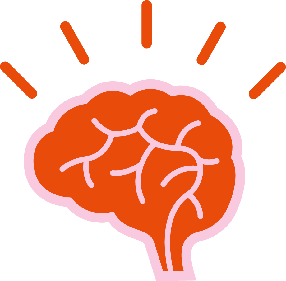 Stilisiertes Gehirn in Orange mit pinkfarbenem Rand, umgeben von orangenen Lichtblitzen, die Ideen oder Inspiration symbolisieren.