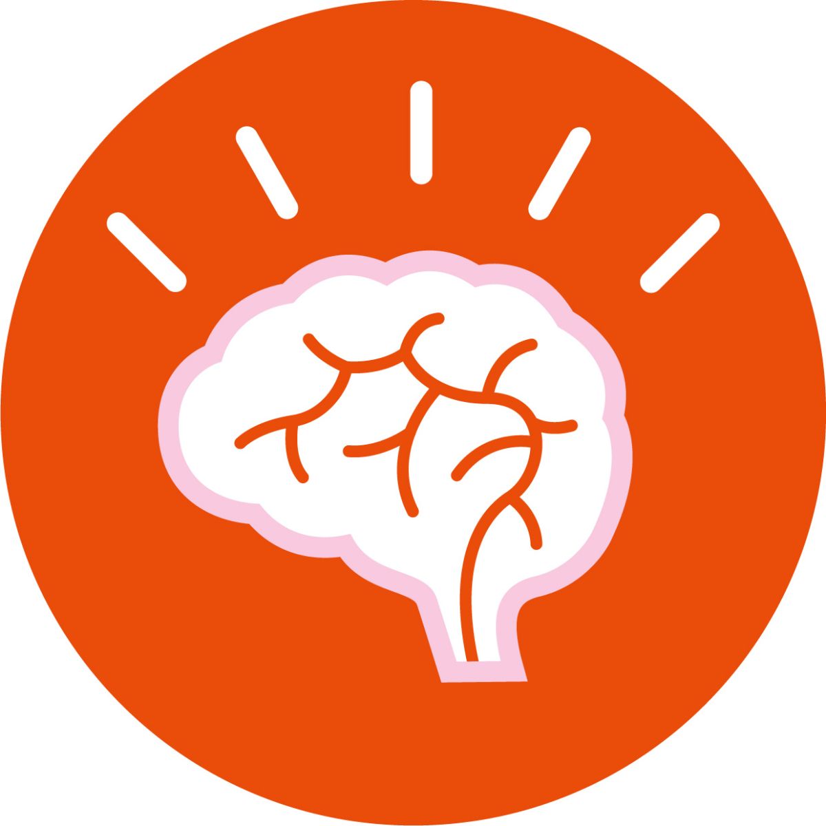 Stilisiertes Gehirn in weiß mit pinkfarbenem Rand, umgeben von weißen Lichtblitzen, die Ideen oder Inspiration symbolisieren, in einem orangenem Kreis auf weißem Hinetrgrund.