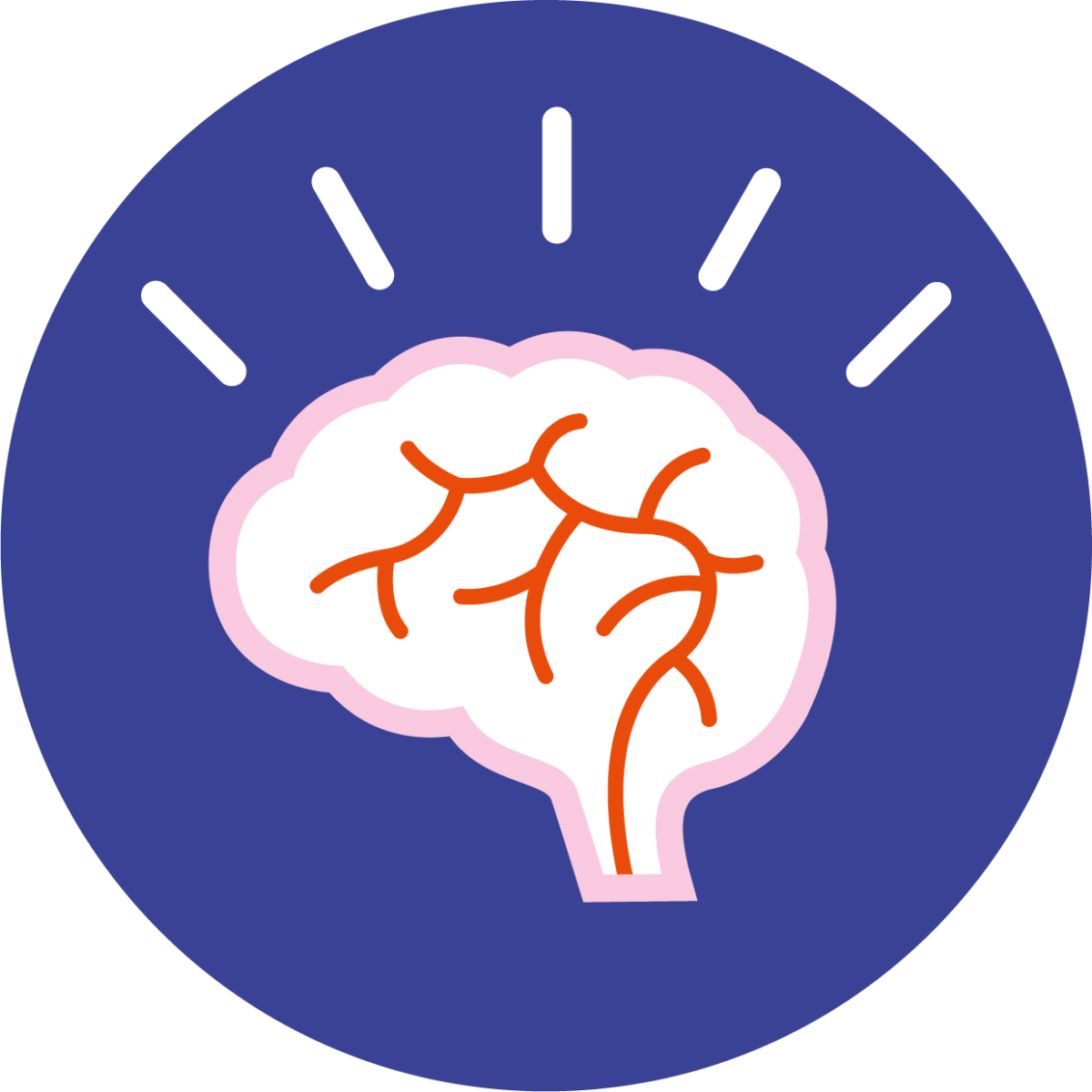 Stilisiertes Gehirn in weiß mit pinkfarbenem Rand, umgeben von weißen Lichtblitzen, die Ideen oder Inspiration symbolisieren, in einem blauen Kreis.