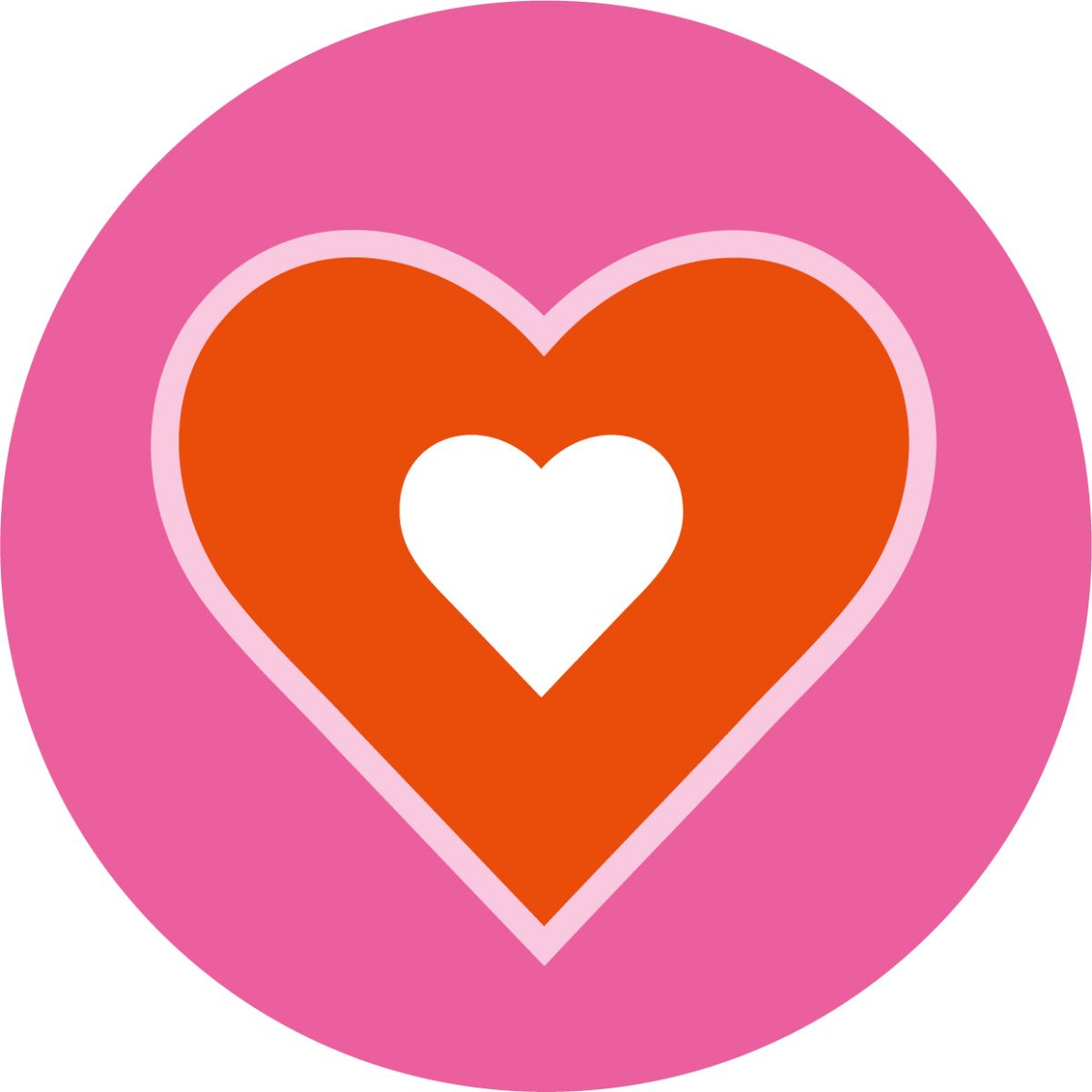 Orangenes Herz mit pinkfarbenem Rand, in dessen Mitte sich ein kleineres, weißes Herz befindet, in einem pinken Kreis auf weißem Grund.