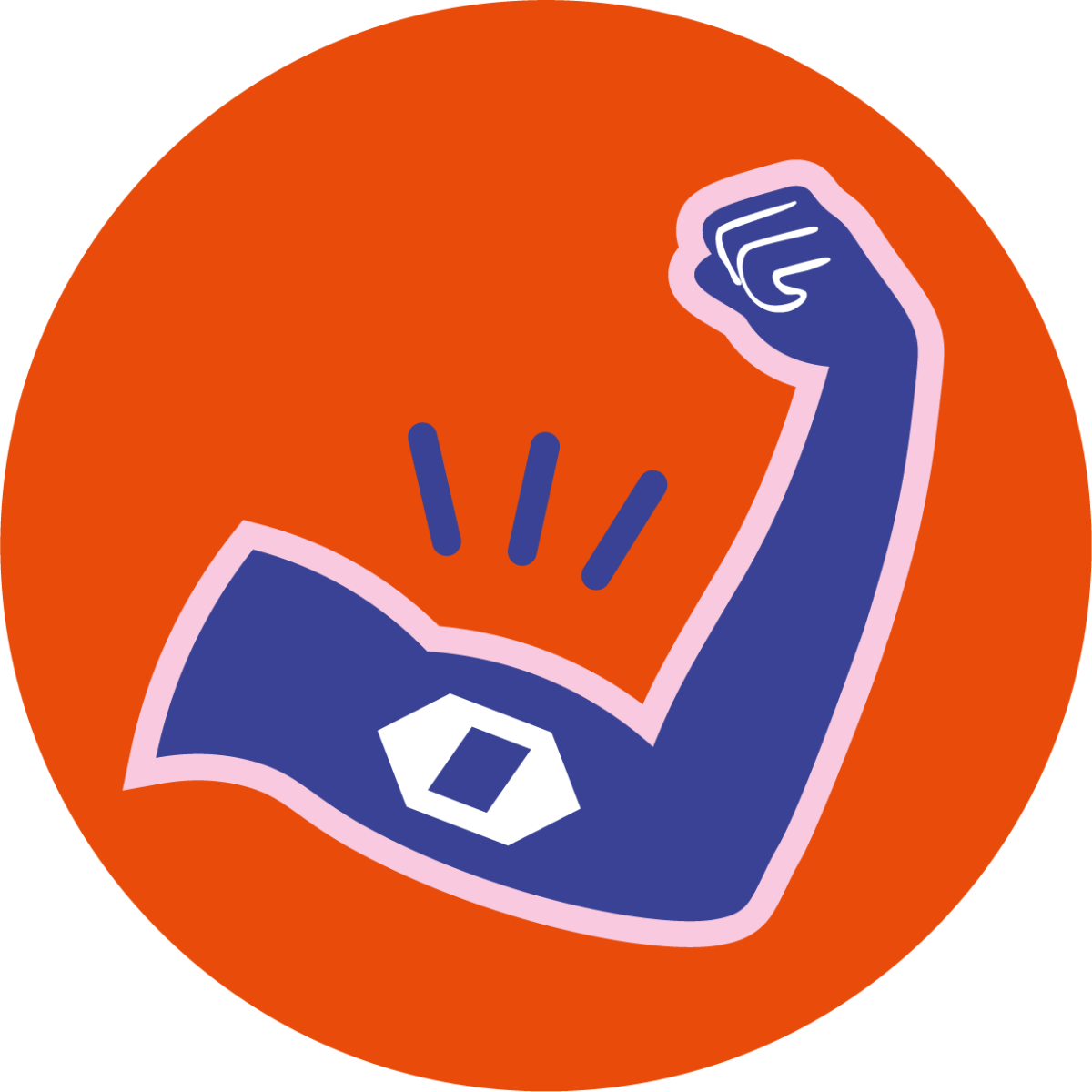 Stilisierter, blauer Muskelarm mit angesetztem Bizeps und drei blauen Blitzen darüber, die Kraft symbolisieren. Der Arm ist auf orangenem Kreis dargestellt.