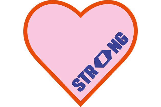 Pinkes Herz mit der Aufschrift 'STRONG' in blauen Buchstaben und orangefarbenem Rand