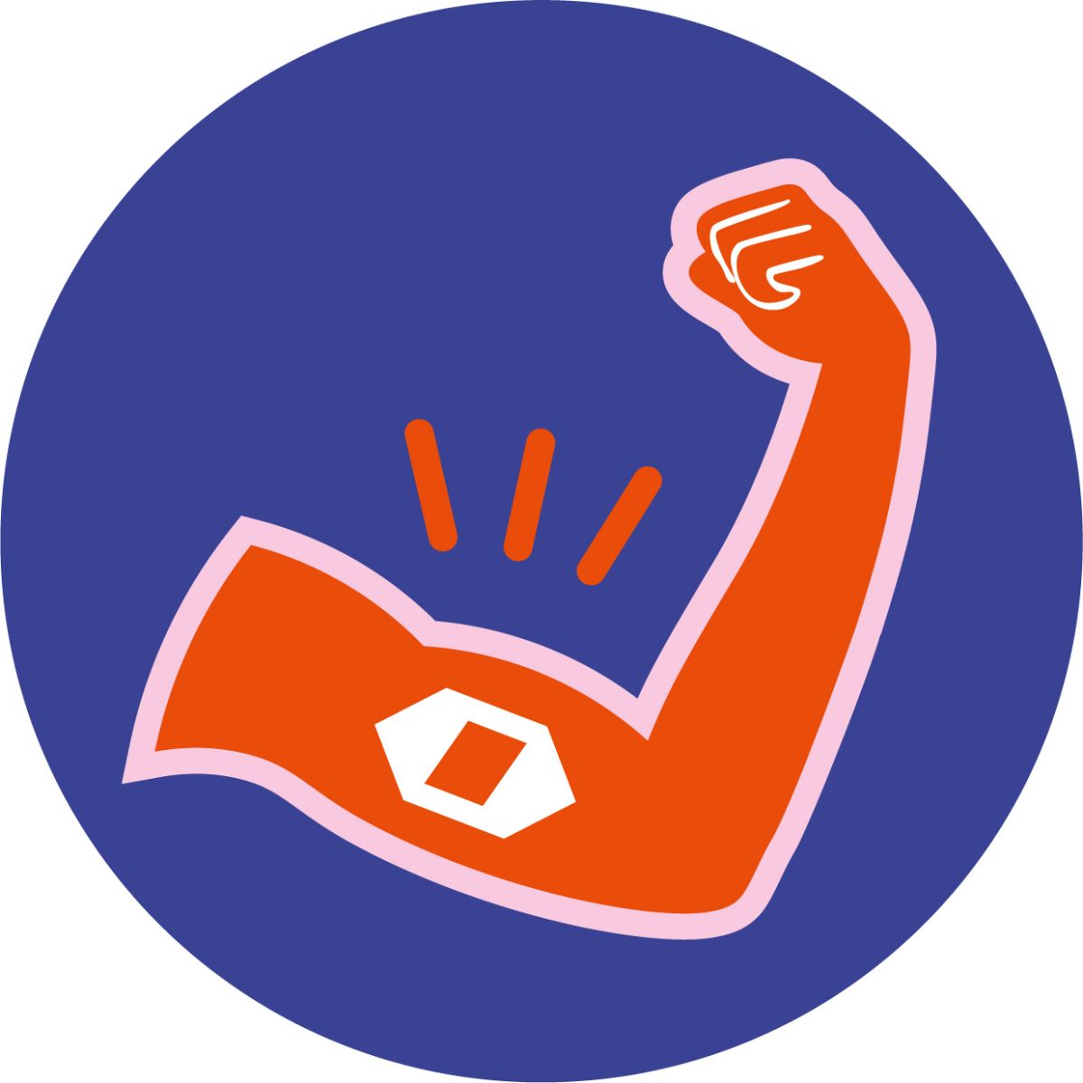 Stilisierter, orangefarbener Muskelarm mit angesetztem Bizeps und drei orangenen Blitzen darüber, die Kraft symbolisieren. Der Arm ist auf blauem Kreis mit weißem Hintergrund dargestellt.