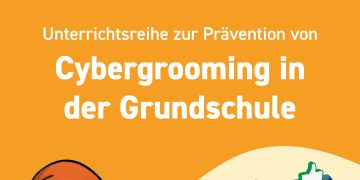 Plakat zur Prävention von Cybergrooming in der Grundschule: Ein Eichhörnchen-Charakter zeigt auf ein Smartphone mit Social-Media-Symbolen. Text: 'Unterrichtsreihe zur Prävention von Cybergrooming in der Grundschule' und 'Flizzy in Gefahr'. Logos von Polizei, INTERNET-ABC und Kinderschutzbund.