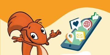 Plakat zur Prävention von Cybergrooming in der Grundschule: Ein Eichhörnchen-Charakter zeigt auf ein Smartphone mit Social-Media-Symbolen. Text: 'Unterrichtsreihe zur Prävention von Cybergrooming in der Grundschule' und 'Flizzy in Gefahr'. Logos von Polizei, INTERNET-ABC und Kinderschutzbund.
