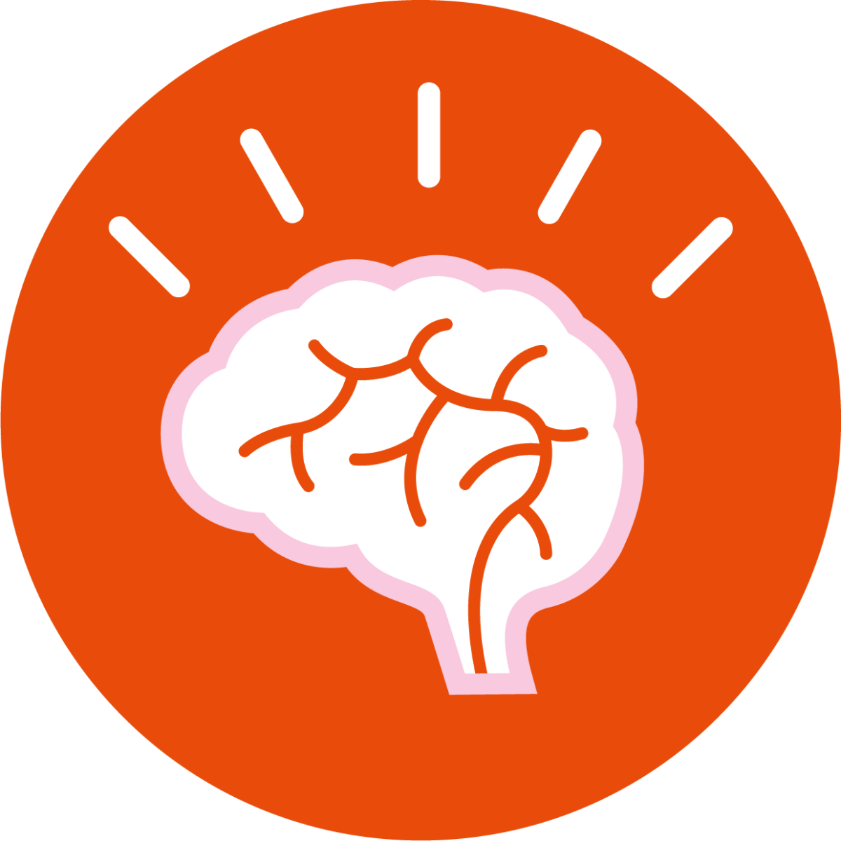 Stilisiertes Gehirn in weiß mit pinkfarbenem Rand, umgeben von weißen Lichtblitzen, die Ideen oder Inspiration symbolisieren, in einem orangenem Kreis.