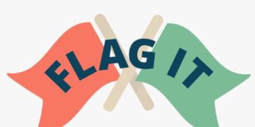 Flag It – Startbildschirm der App mit zwei gekreuzten Flaggen (orange und grün) und dem Text 'FLAG IT'. Darunter befinden sich die Buttons 'START', 'ERKlÄRUNG' und 'INFO'. Der Text darunter lautet: 'Schau genau hin im Internet! Es gibt unterschiedliche Situationen. Erkennst du Hinweise für gemeinsame Tricks und Gewalt im Internet?